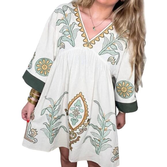 Veveret Flowy Boho Embroidered Mini Dress Boxy Oversized Khaki Green Size S - Picture 3 of 15